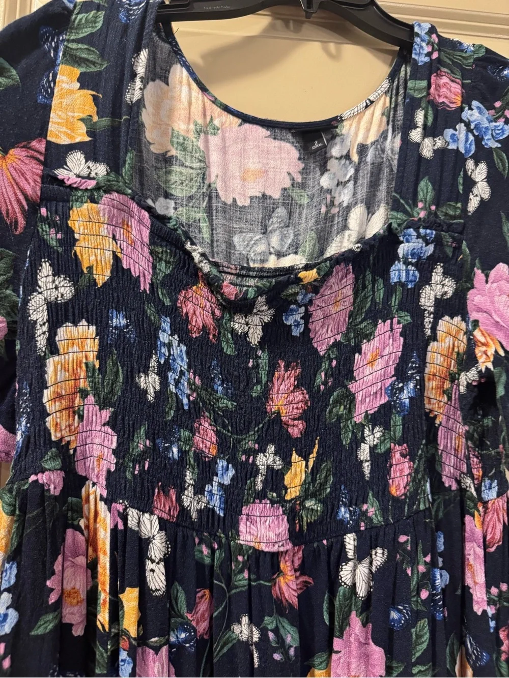 torrid Navy Floral Smocked Midi Dress with Pink, Yellow & Blue Blooms - Picture 3 of 6